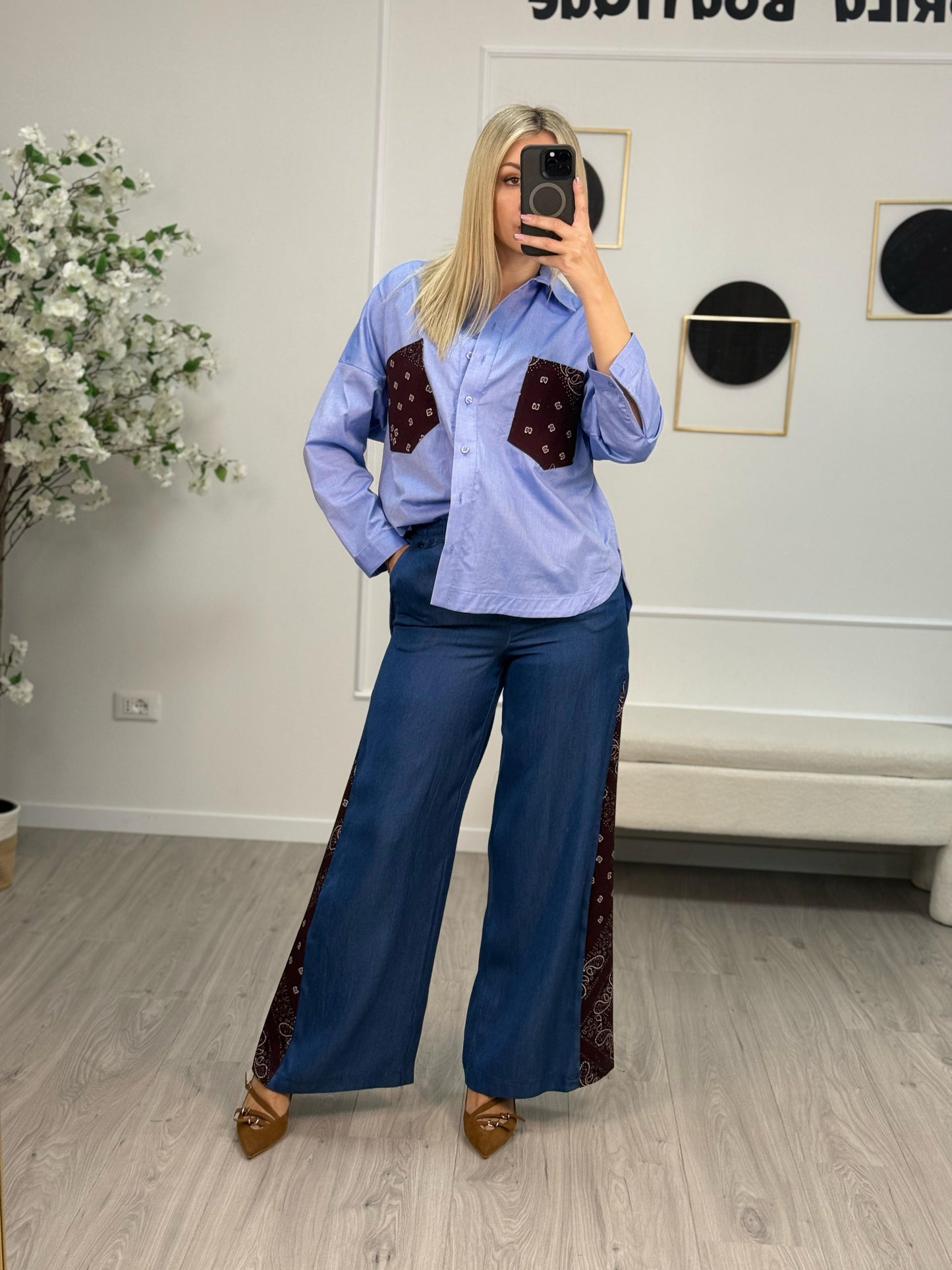 Dixie Camicia Celeste con Tasche Bandana Bordeaux