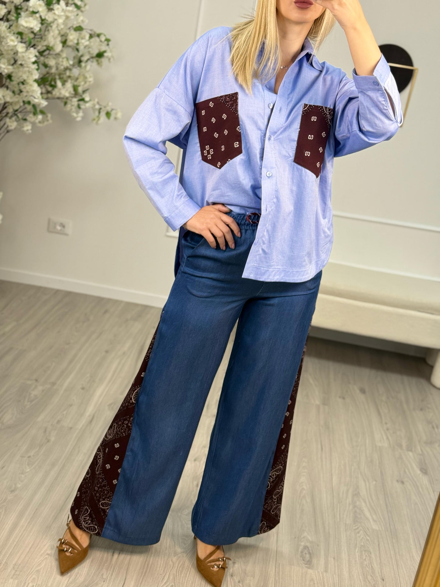 Dixie Camicia Celeste con Tasche Bandana Bordeaux