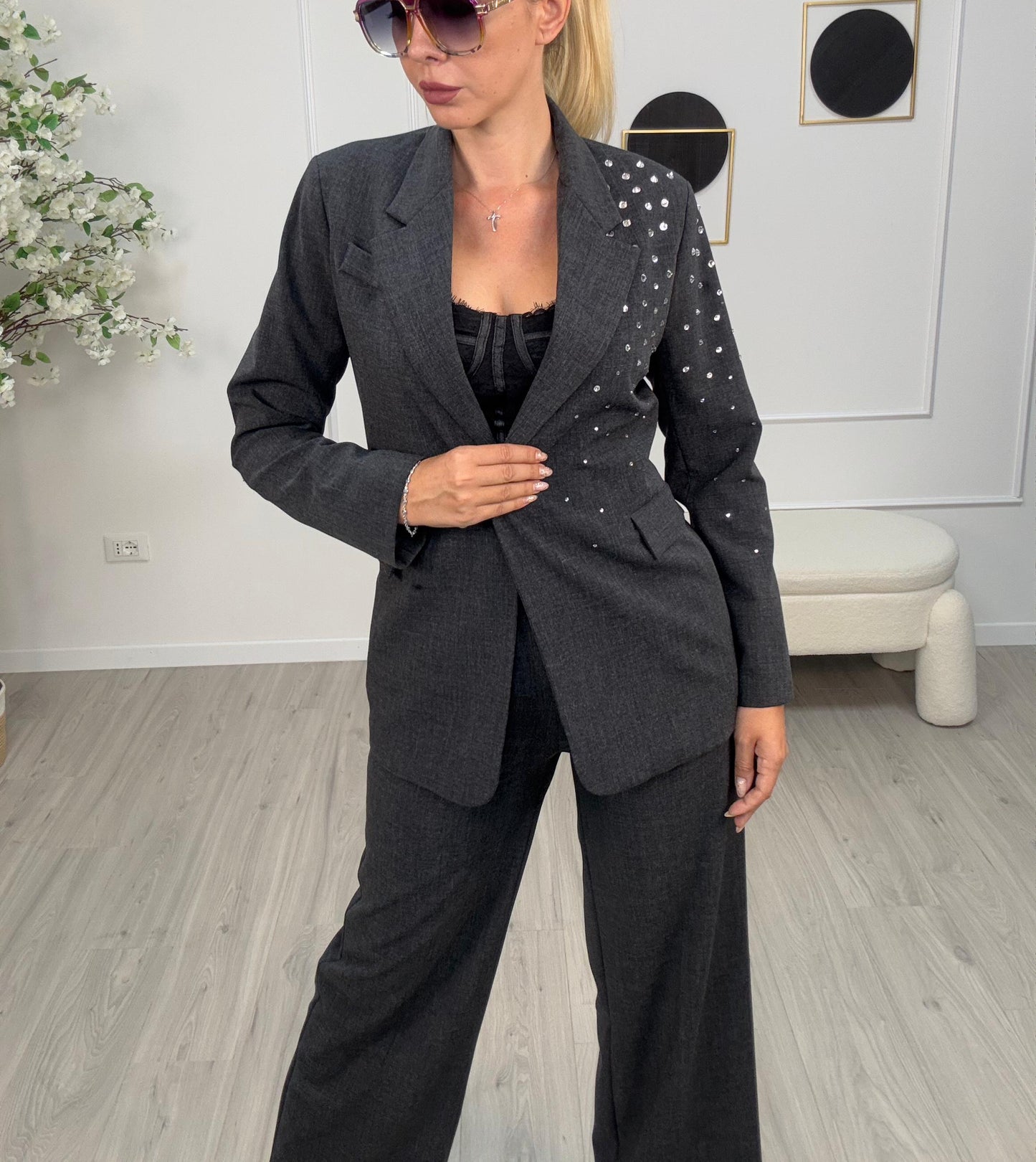 Haveone-Giacca un bottone con strass - grigio melange