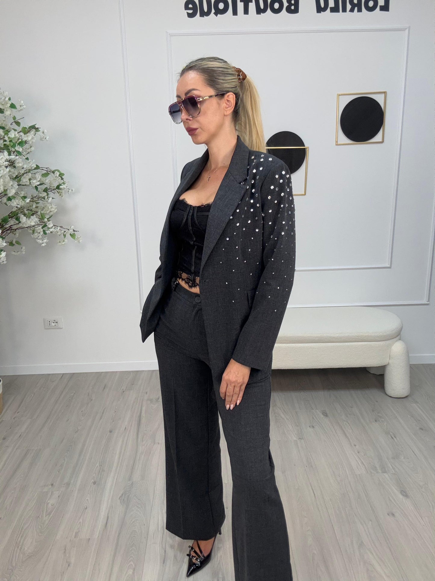 Haveone-Giacca un bottone con strass - grigio melange