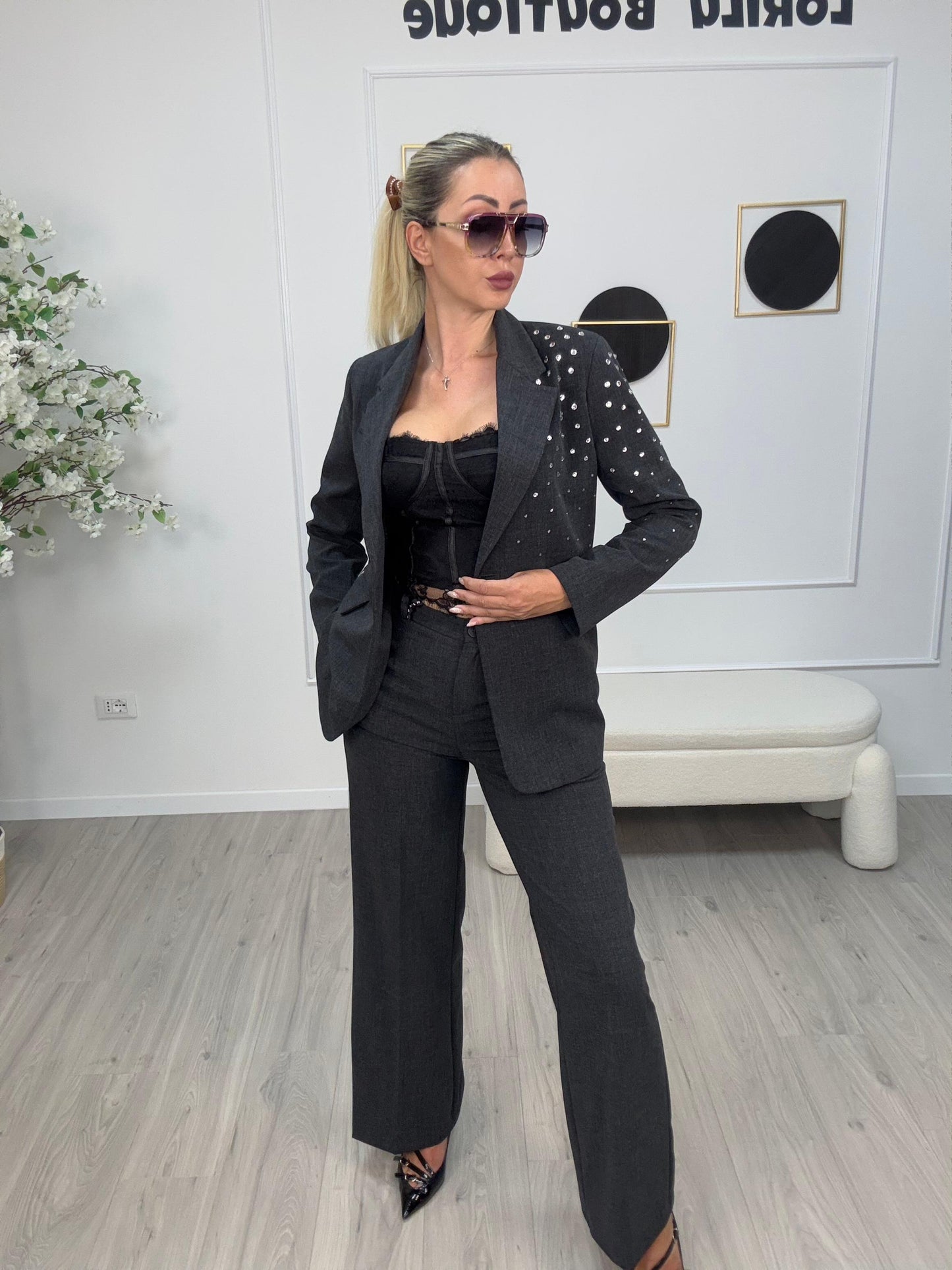 Haveone-Giacca un bottone con strass - grigio melange