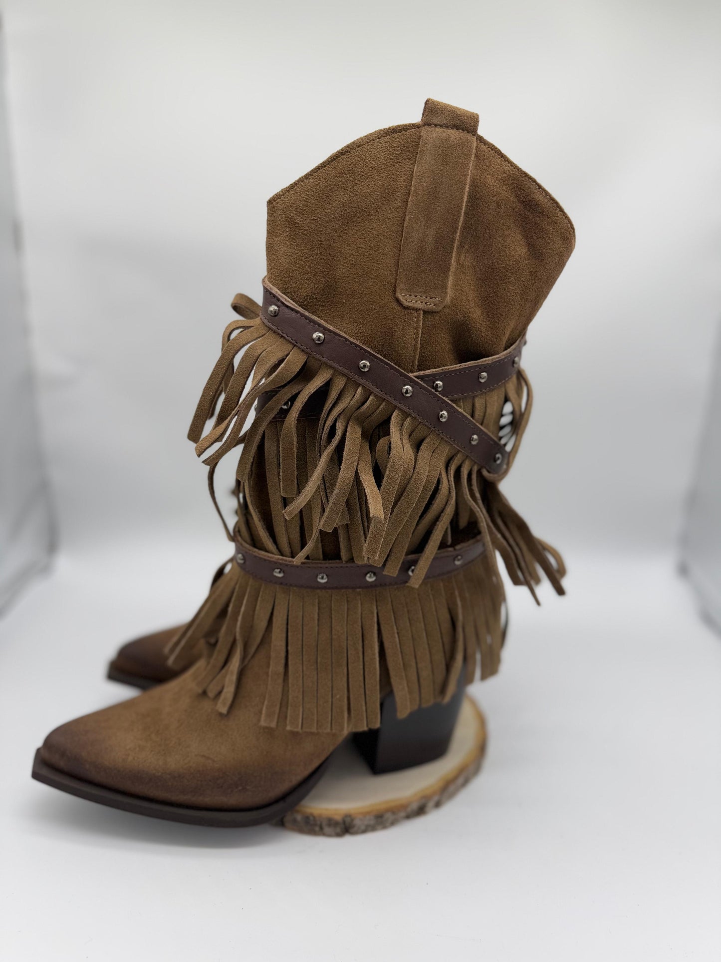 DIVINE FOLLIE - Stivale Frange Texano Camoscio Taupe