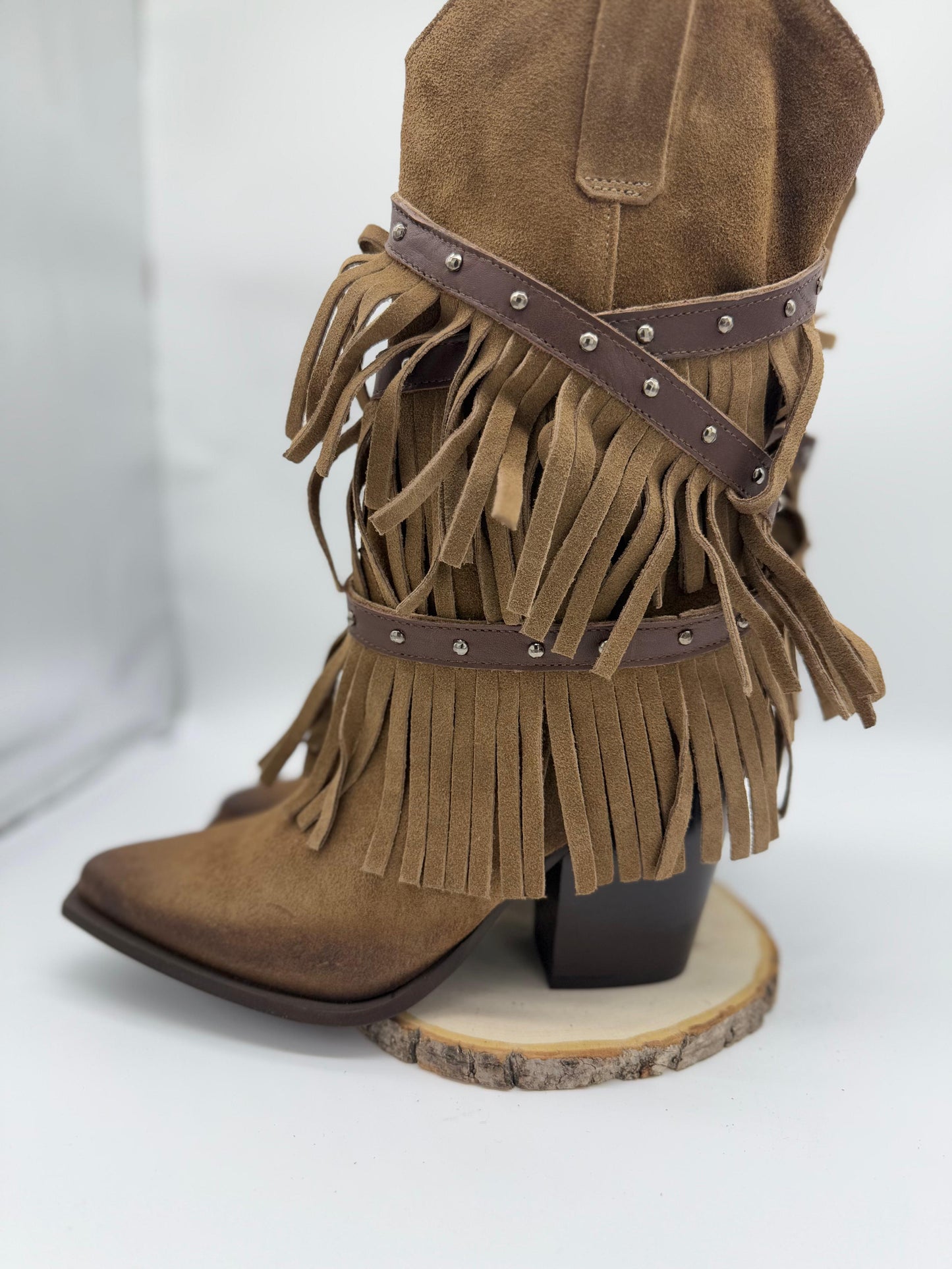 DIVINE FOLLIE - Stivale Frange Texano Camoscio Taupe