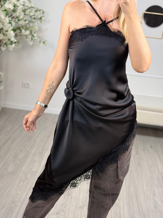 Haveone Abito Asimmetrico Donna Nero in Pizzo