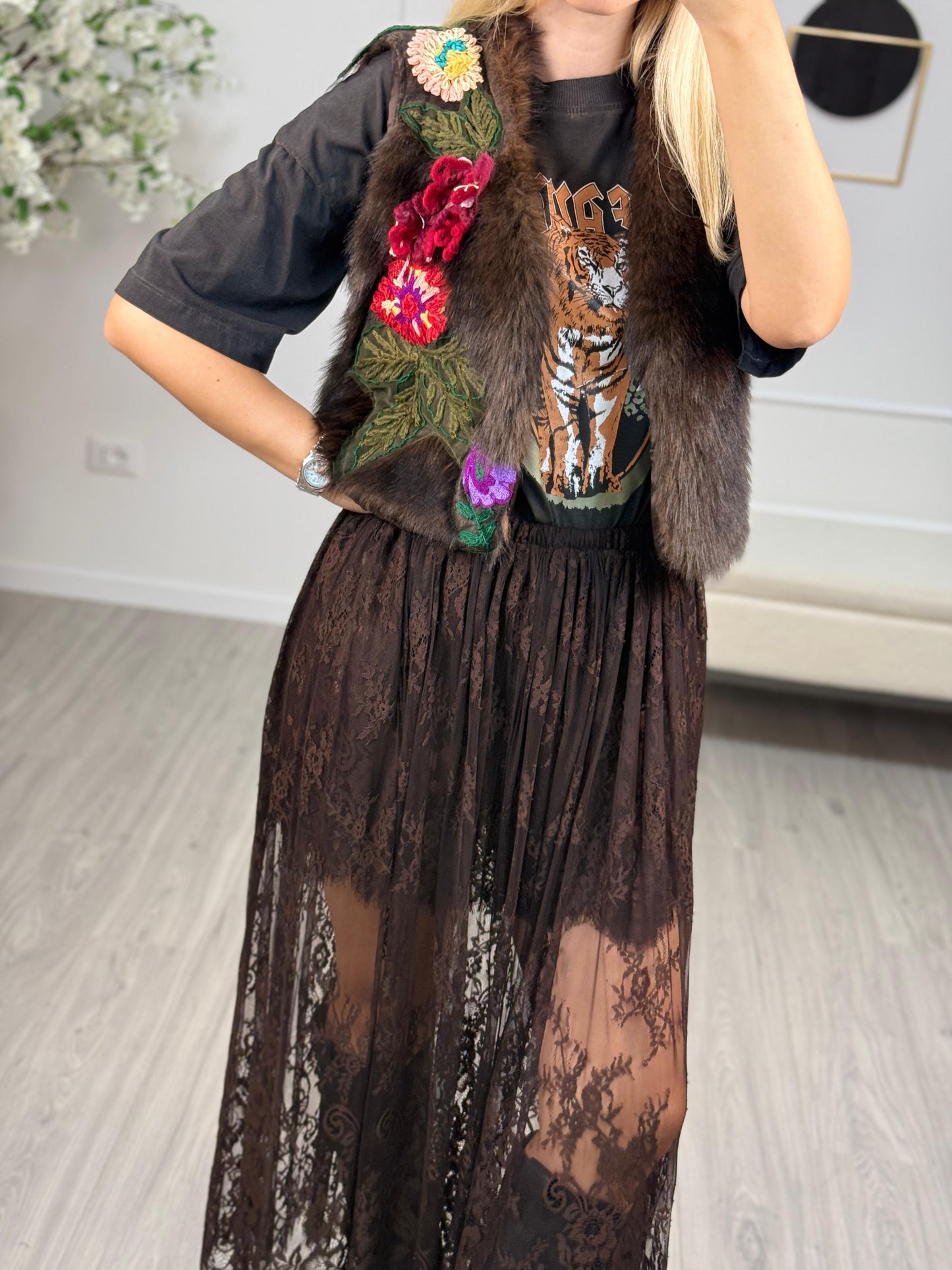 Gilet Ecopelliccia Ricamato