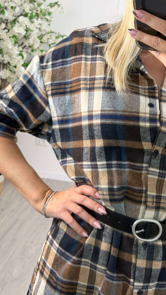 Susy Mix Camicia Lunga Donna Check Blu e Marrone