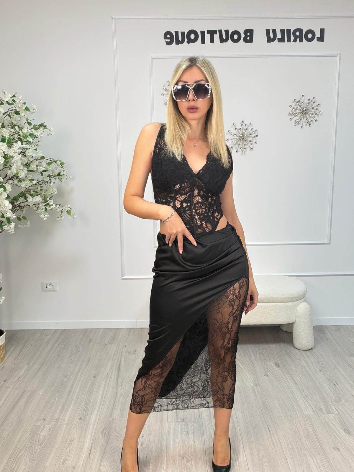 HaveOne Gonna Doppia Donna in Satin e Pizzo Nera