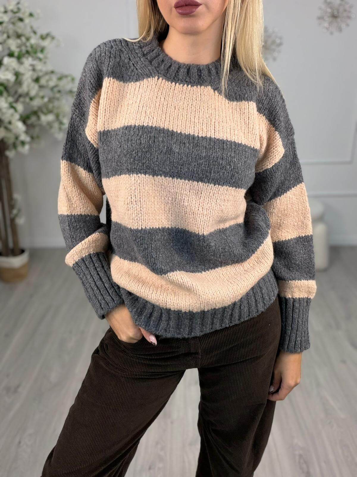 Vicolo Maglione Donna Rigato Rosa e Grigio