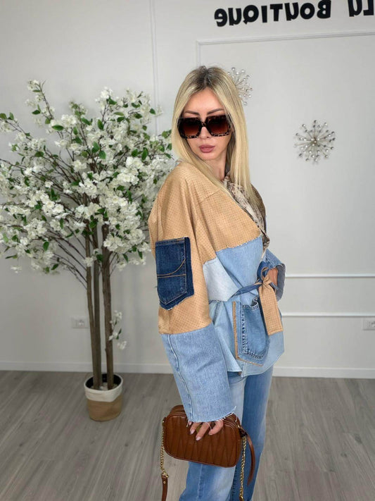 Susy Mix Giacca Sciallata Vintage Donna Denim e Cammello