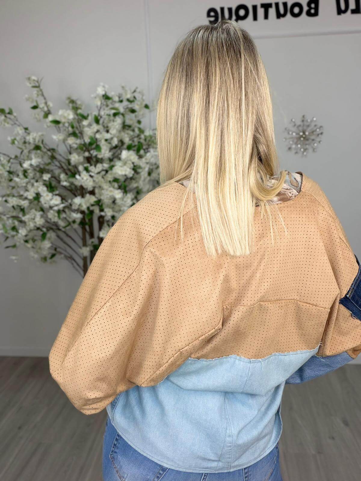 Susy Mix Giacca Sciallata Vintage Donna Denim e Cammello