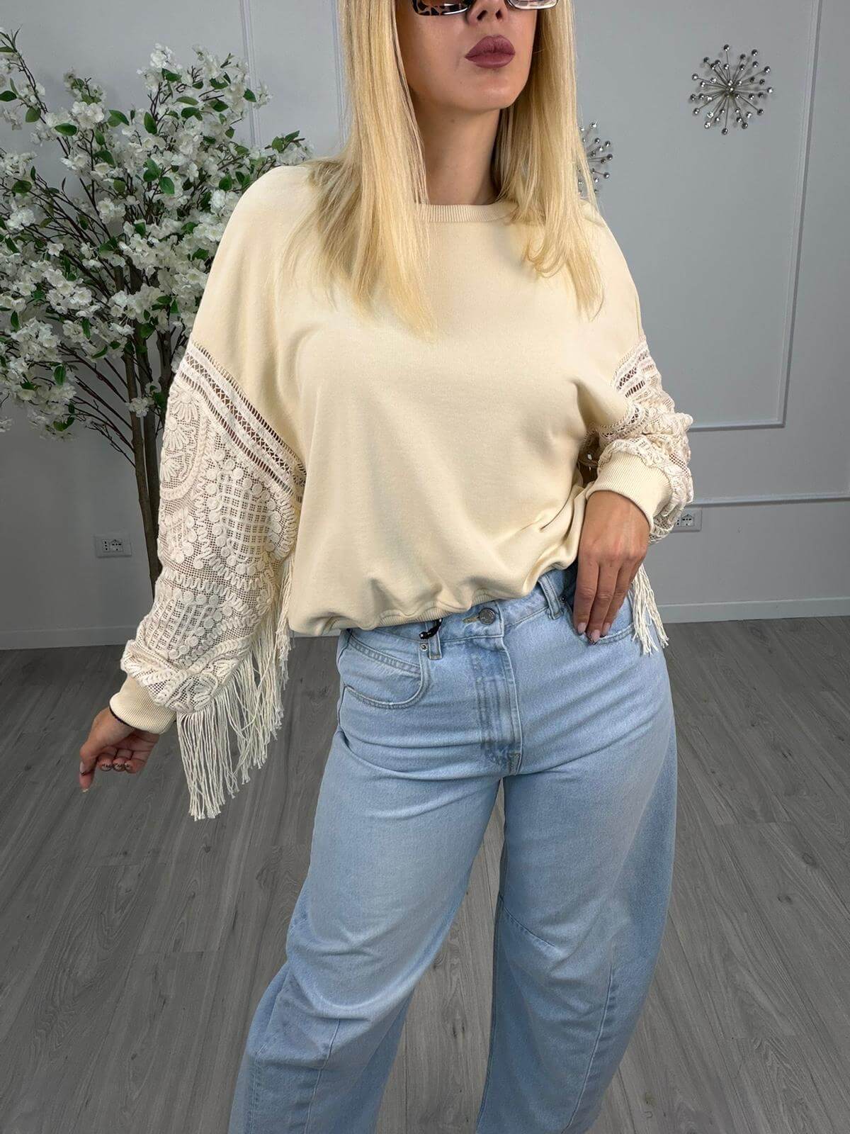 Philia Loft Felpa Donna Urban-Chic con Frange e Ricami