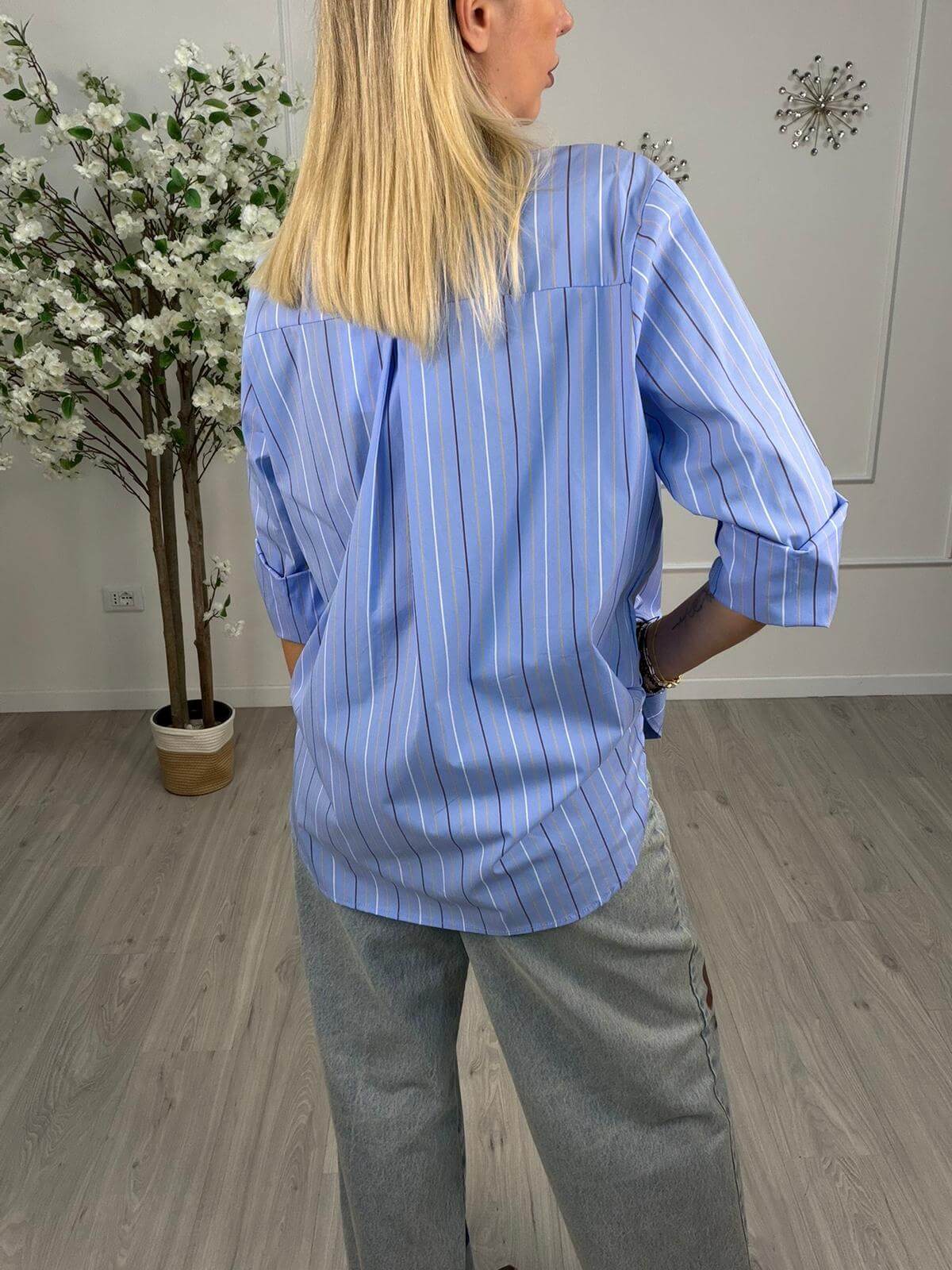 Haveone Camicia Over Donna a righe verticali marroni, gialle e bianche