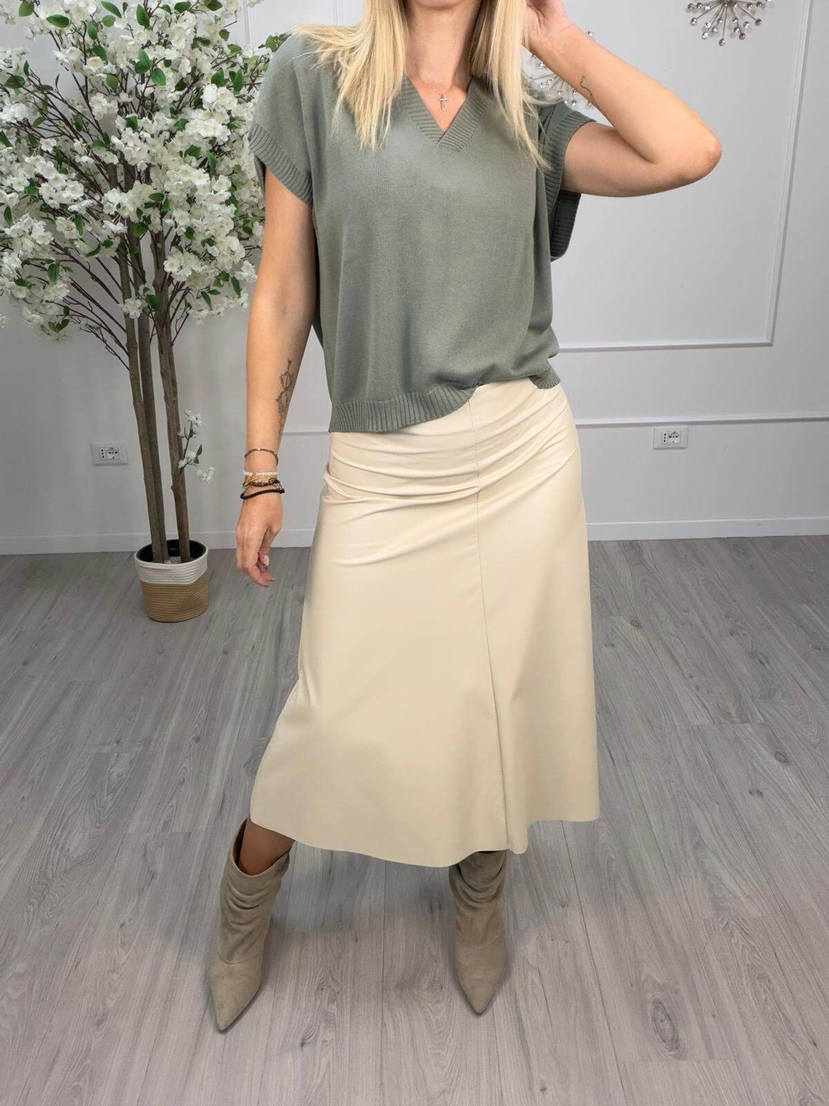 Susy Mix Gonna Midi Eco Pelle Donna Crema