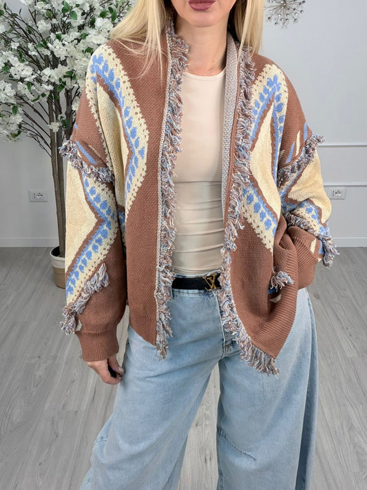 Tensione in-Cardigan rombi con frange - beige/cuoio/azzurro