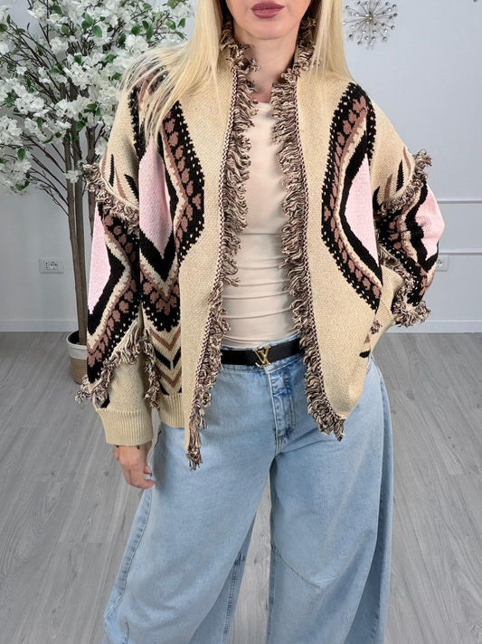 Tensione in-Cardigan rombi con frange - pink/beige/nero