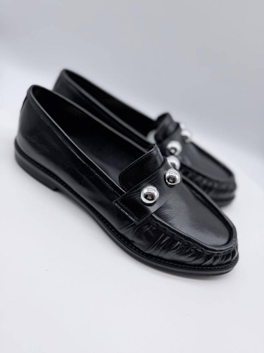 Divine Follie Mocassino Donna Pelle Nera con Sfere Silver