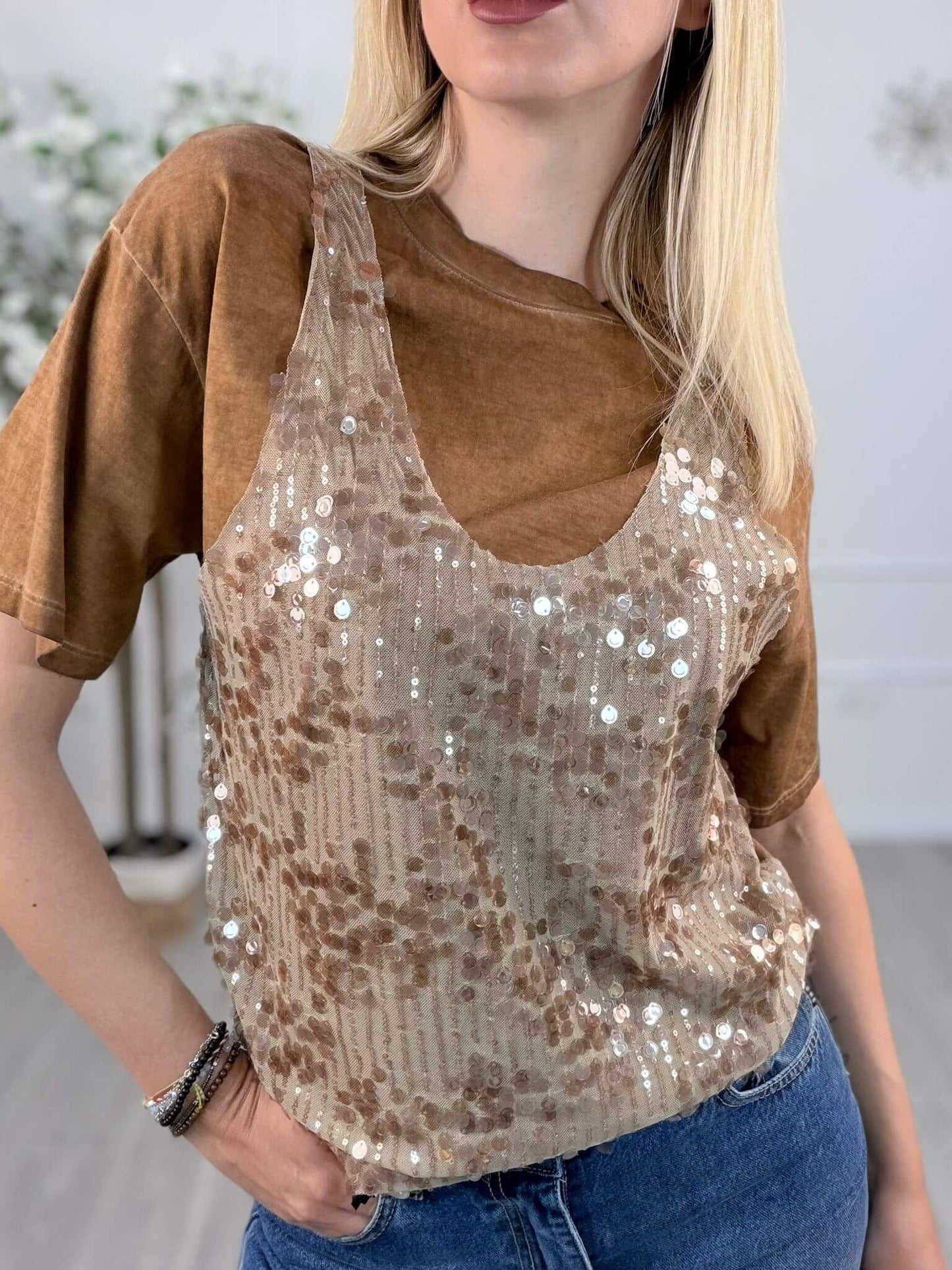 HaveOne T-shirt Donna Glamour Cammello con Paillettes