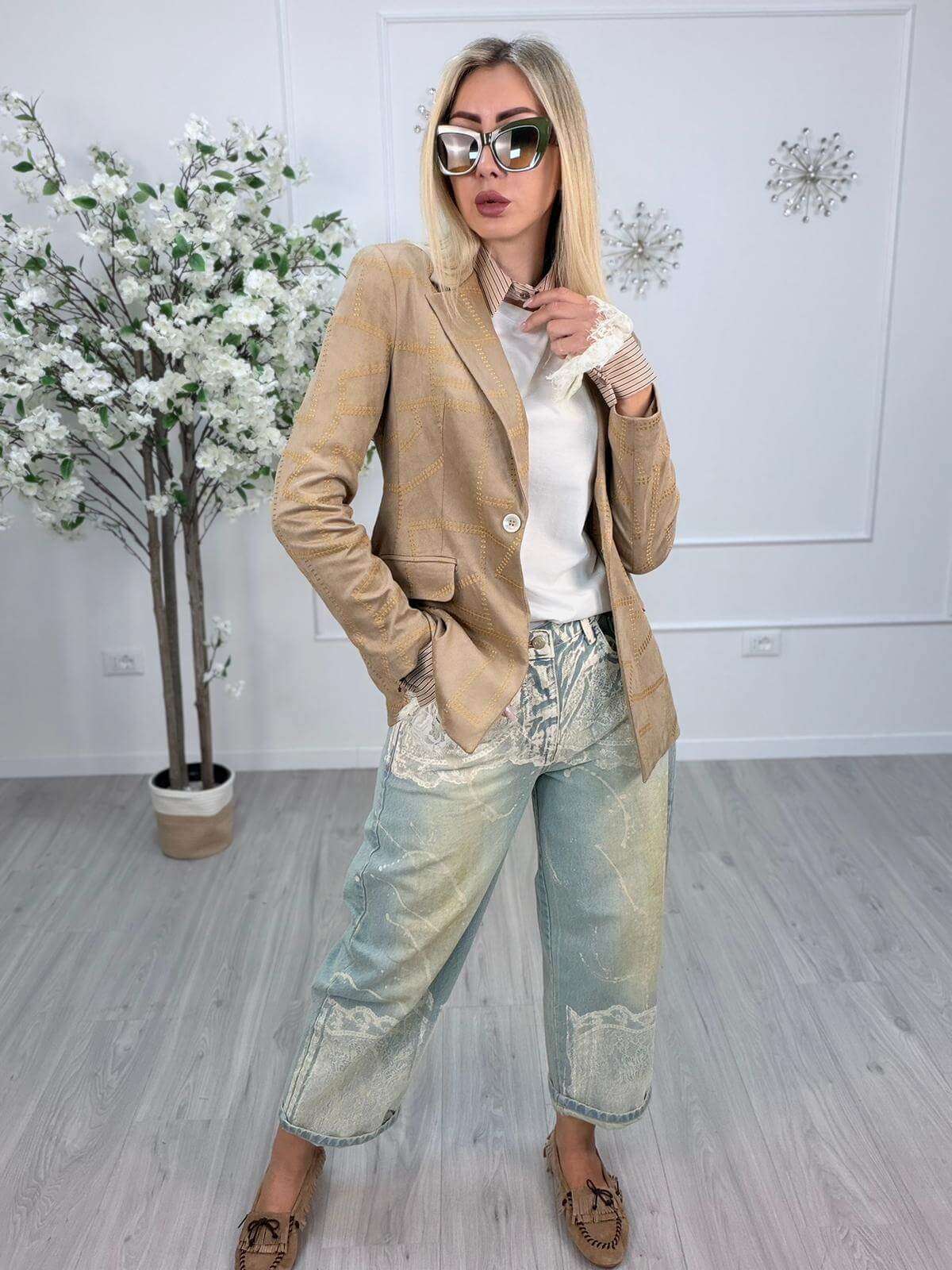 Susy Mix Blazer Donna Beige Suede Ricamato