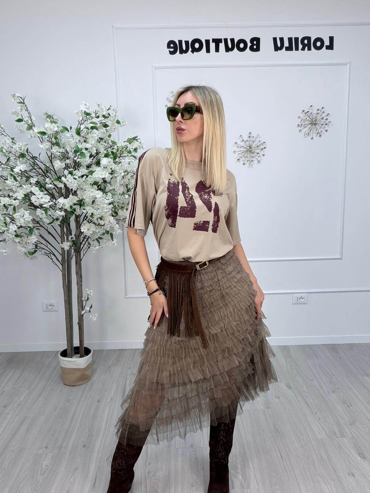 Souvenir Gonna Tulle a Balze Donna Crema e Marrone