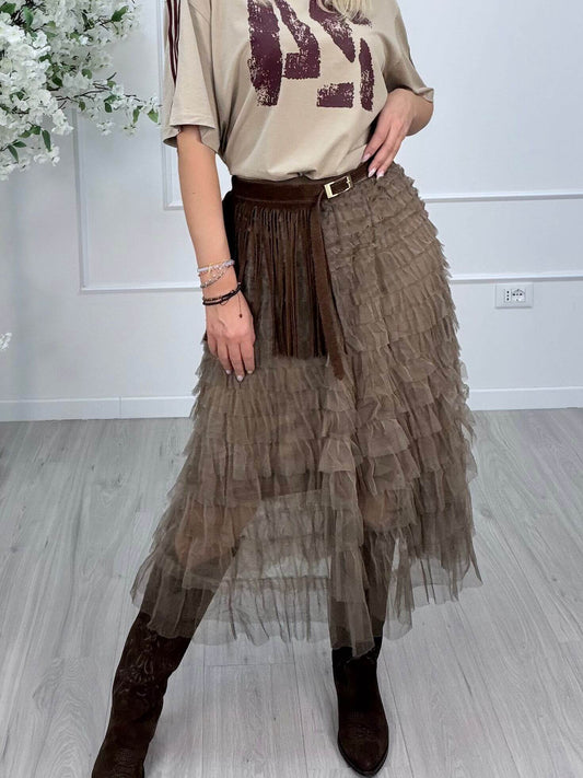 Souvenir Gonna Tulle a Balze Donna Crema e Marrone
