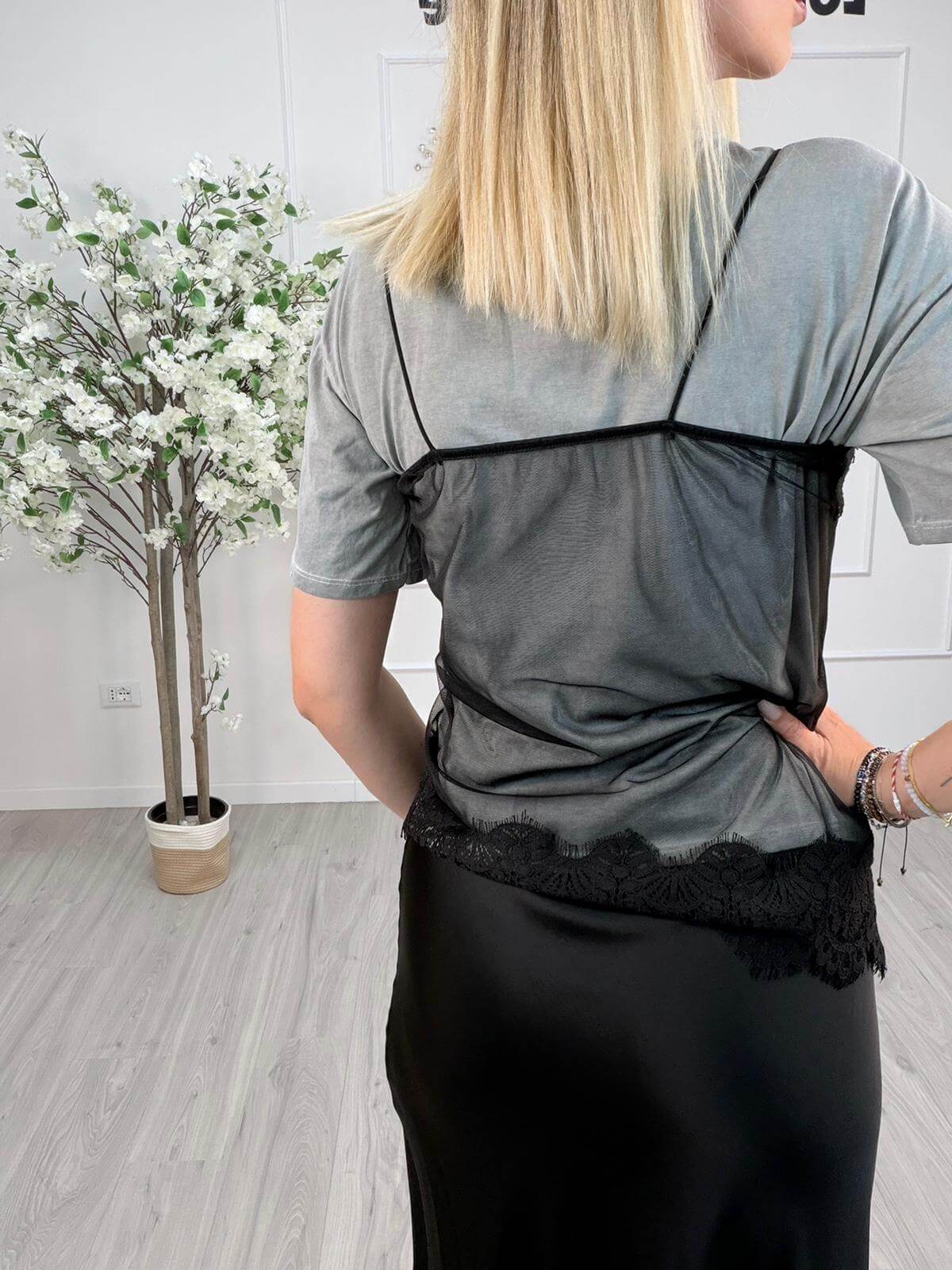 Vicolo T-shirt Donna con Pizzo Removibile Nero
