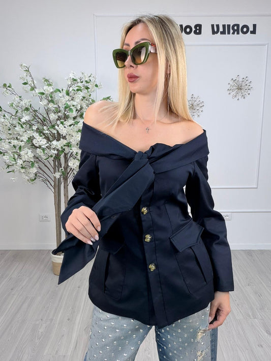 Giacca Tensione con scollo off-shoulder e fiocco – blu