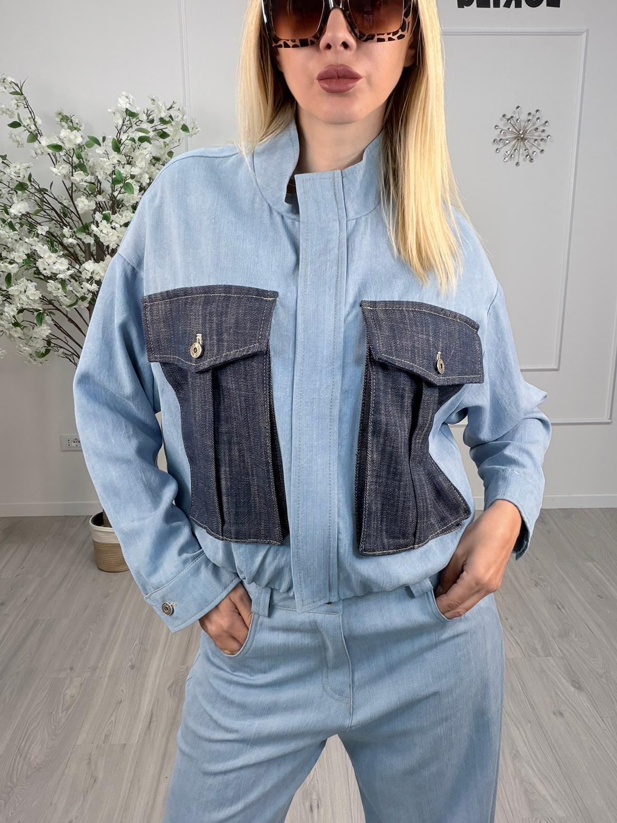 Bomber Maryley doppio denim con tasche a contrasto