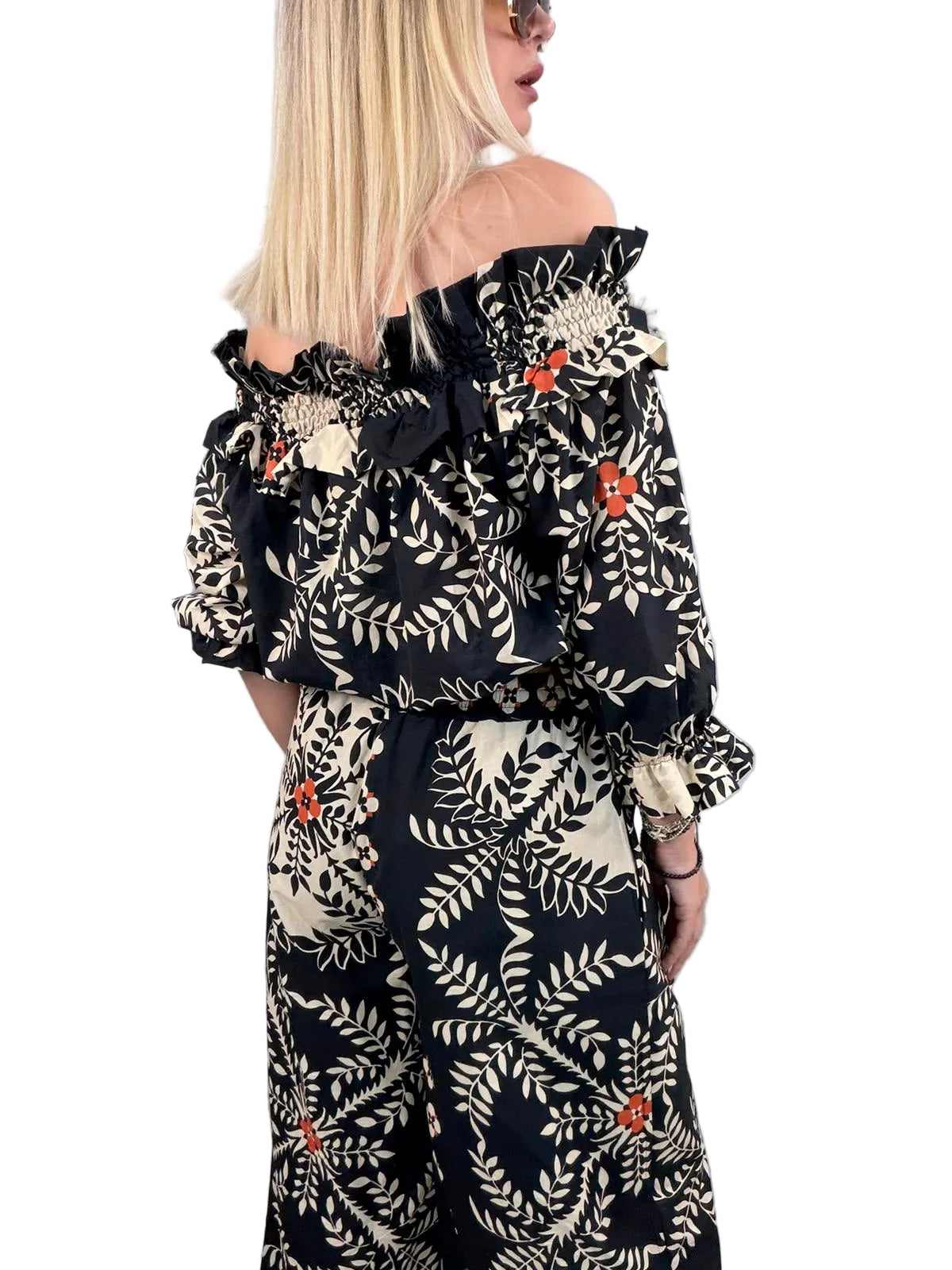 Blusa Vicolo Off-Shoulder in 100% Cotone - Burro/Nero