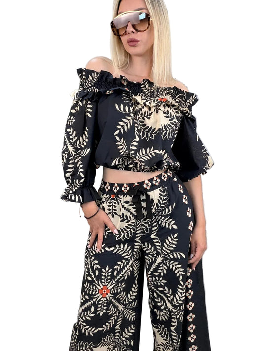 Blusa Vicolo Off-Shoulder in 100% Cotone - Burro/Nero