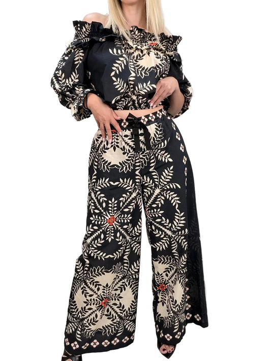 Pantalone Vicolo Wide Leg in 100% Cotone - Burro/Nero