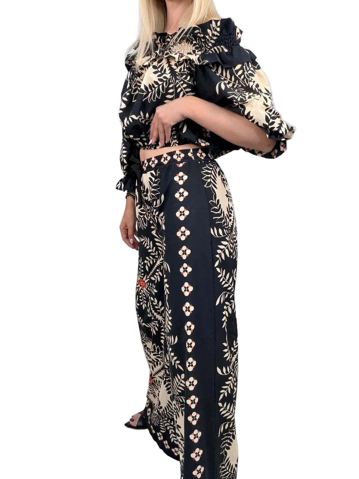 Pantalone Vicolo Wide Leg in 100% Cotone - Burro/Nero