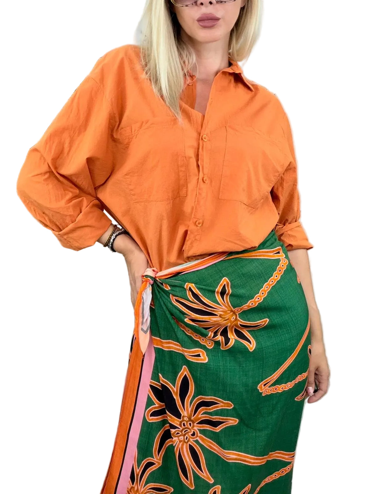 Gonna pareo Forest verde e arancio lunga - HaveOne