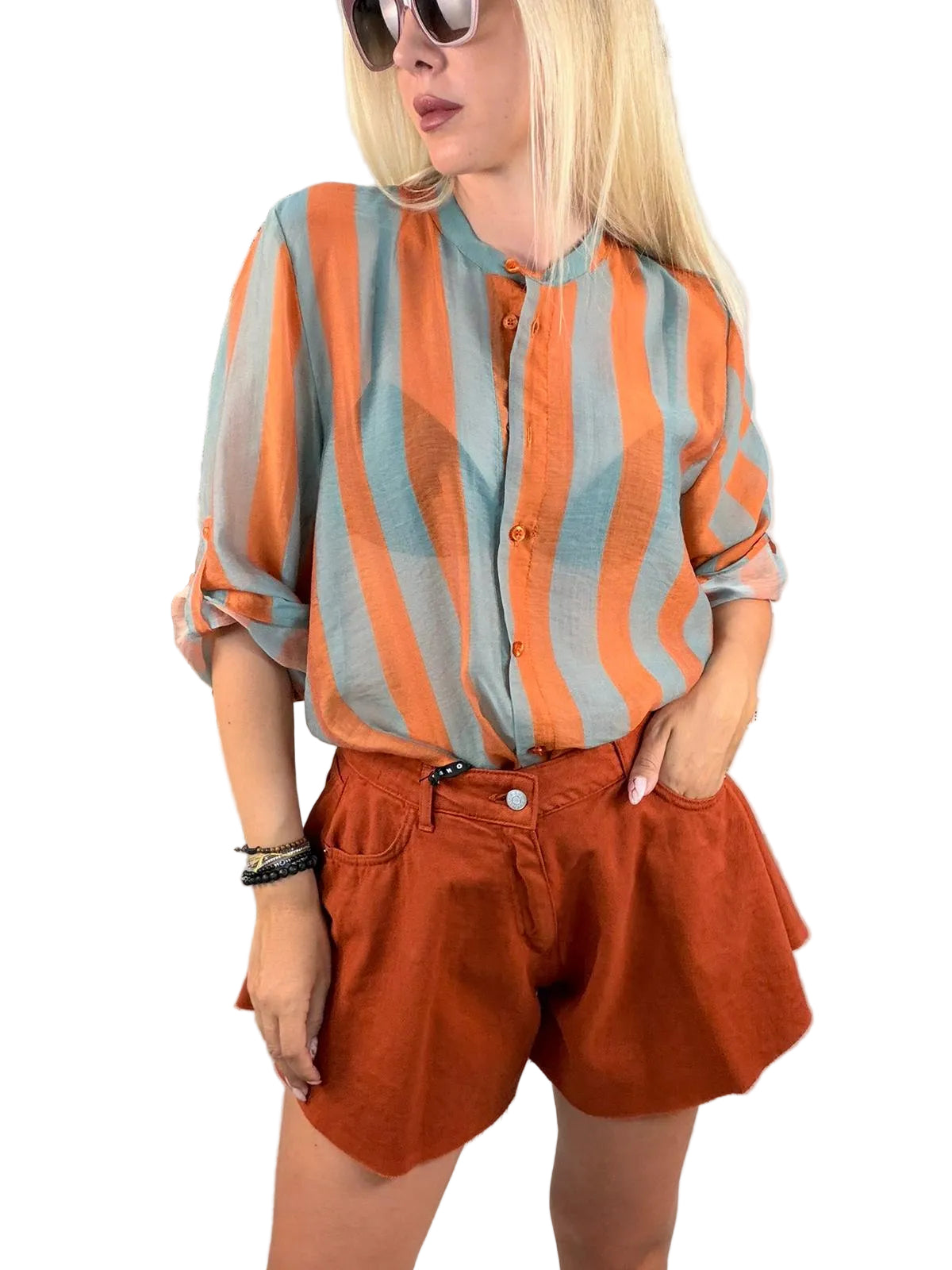 Camicia coreana fantasia righe carta da zucchero/arancio-HaveOne