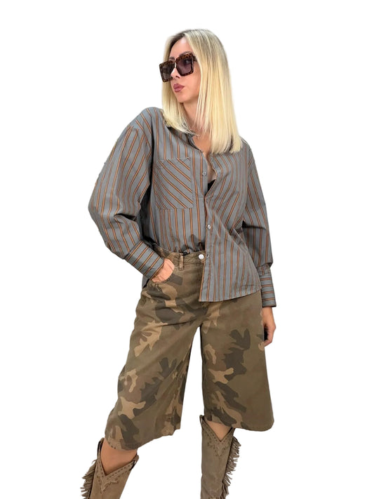 Camicia Oversize a Righe Grigio e Ocra Haveone