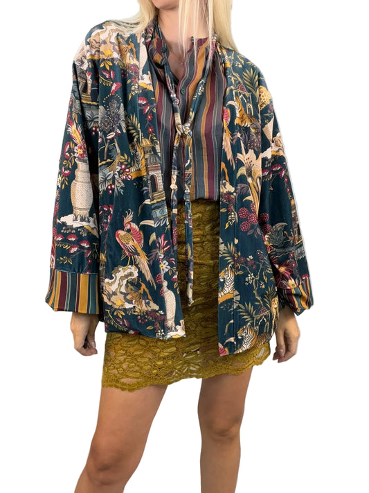 Haveone-Kimono in ciniglia fantasia jungle - verde/senape/vino