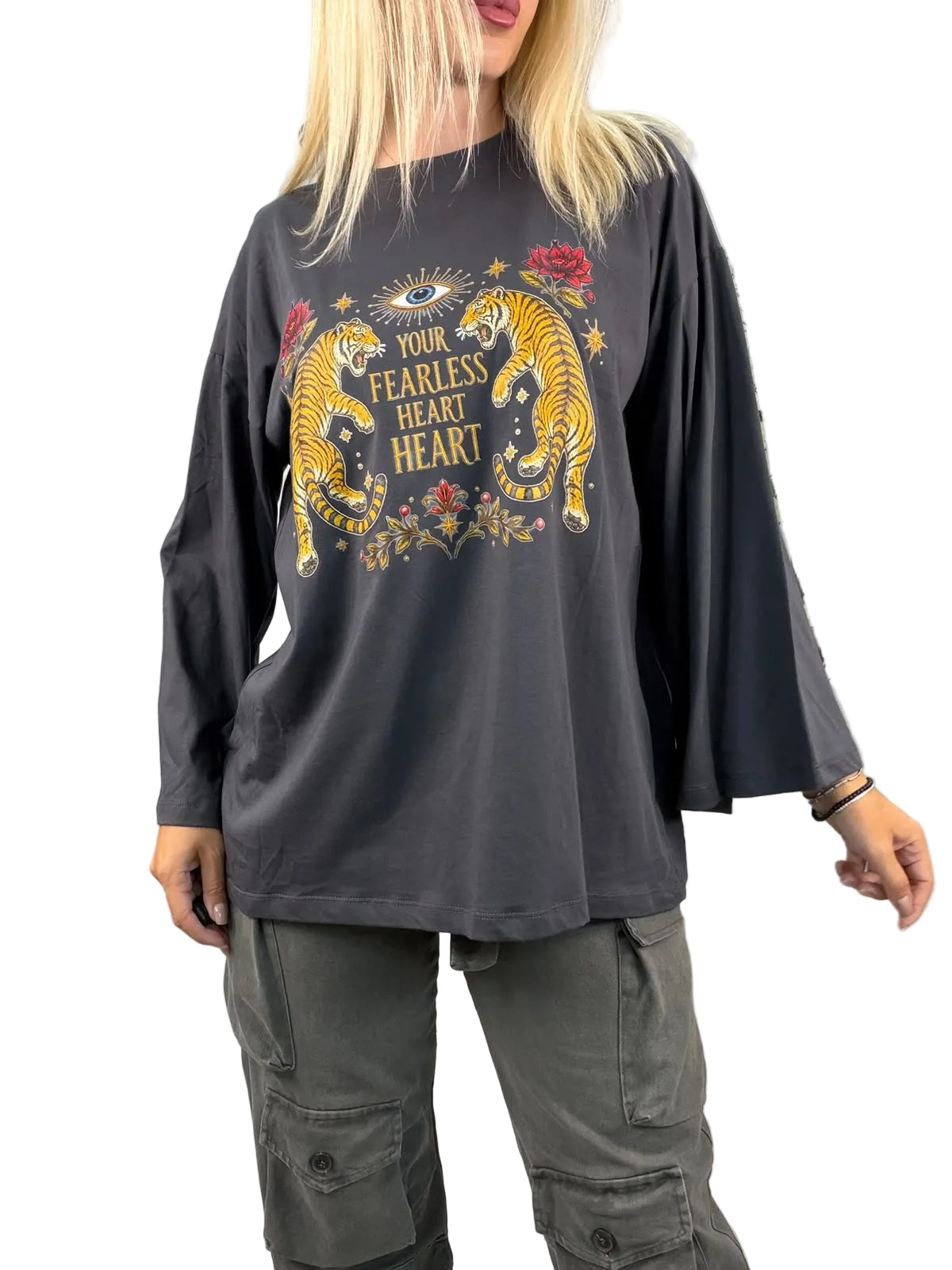 Maglia Over Maniche Ampie Stampa Tigre e Scritta Vicolo