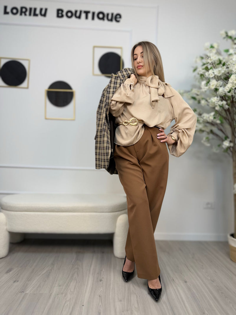 HAVEONE Camicia Donna Fiocco Nero e Sabbia