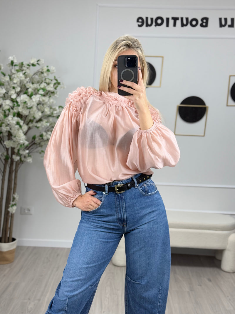 HaveOne Blusa Donna Arricci Spalle Celeste e Rosa