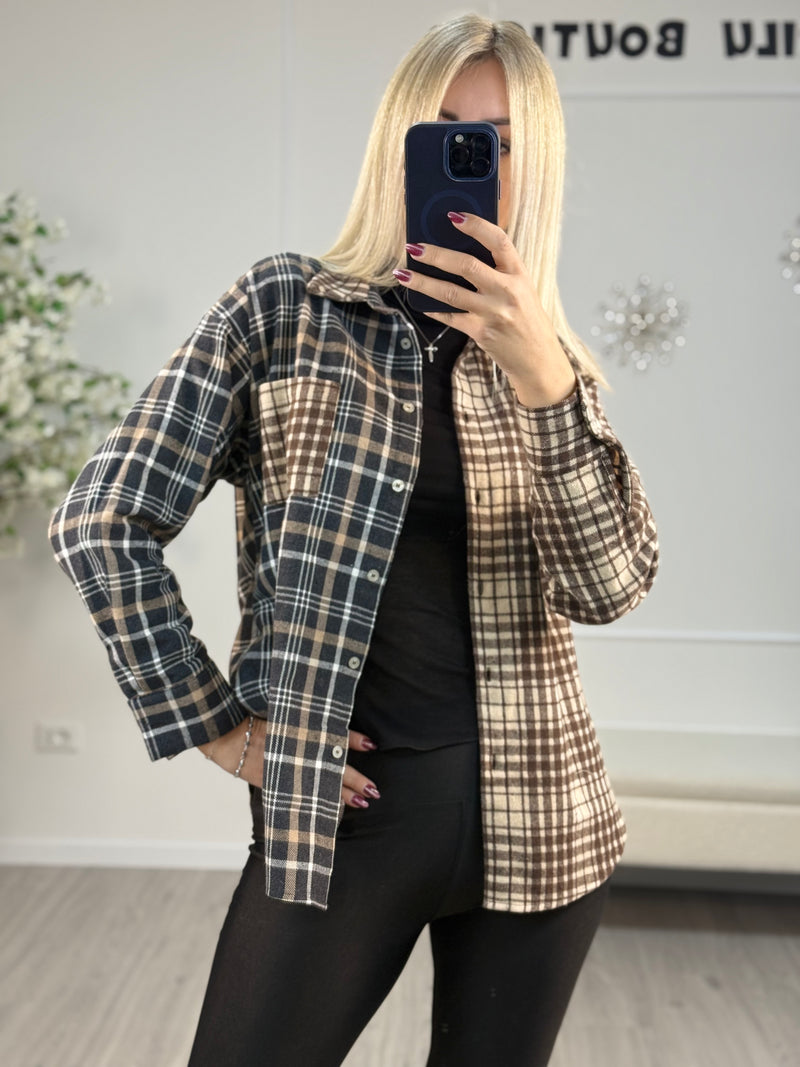 Phlia Loft Camicia Check Bicolore Donna Moro Beige Grigio Scuro