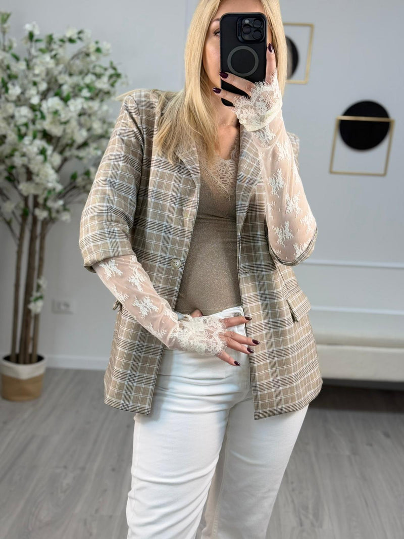 HaveOne Giacca Donna in Pizzo Bianco e Tabacco