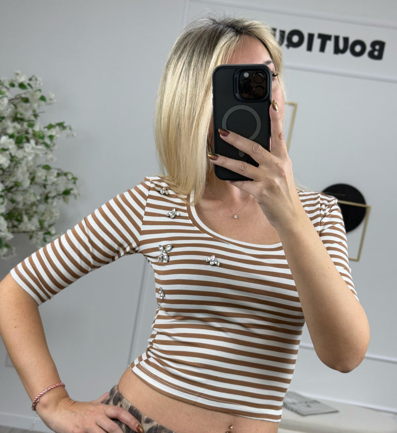 Susy Mix Maglia Donna Elegante a Righe Tabacco e Militare