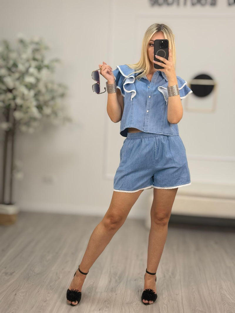 Susy Mix Completo Denim Donna Crop Pizzo e Short