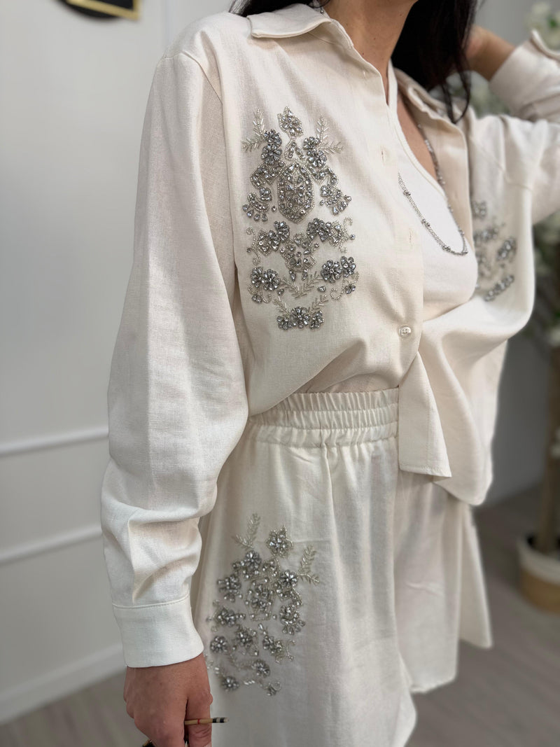 Haveone Pantaloni Svasati Donna Burro con Ricami