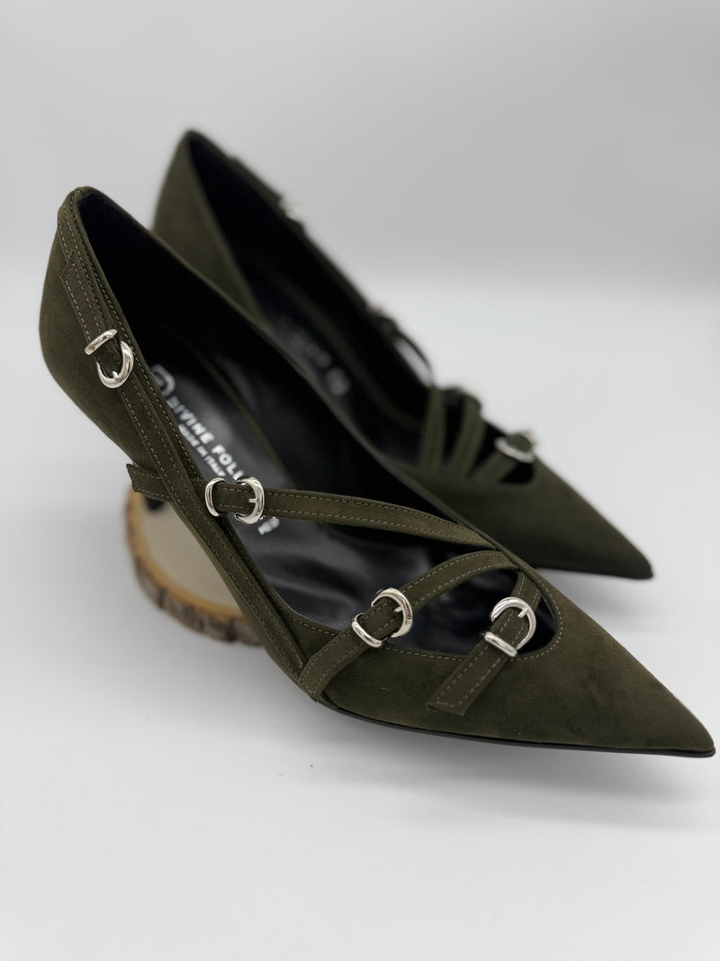 Décolleté Scamosciata Verde Donna con Fibbie Silver