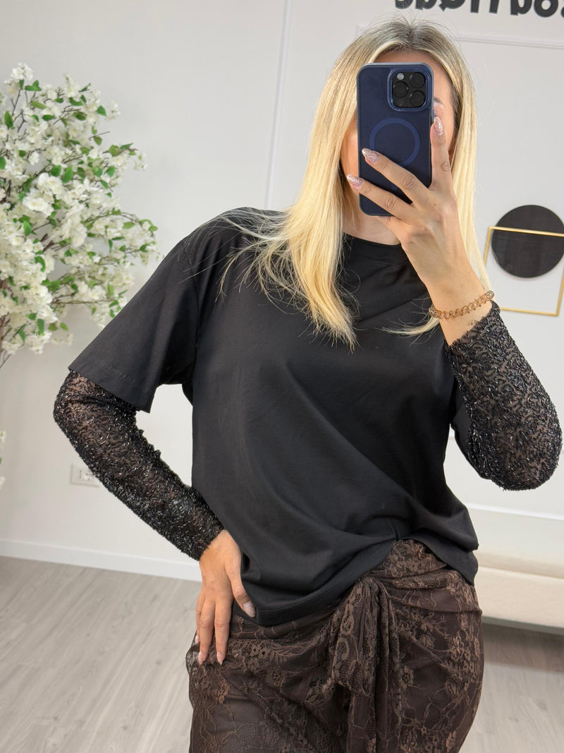 Tensione Maglia Pizzo Con Paillettes Donna Nero/Moro