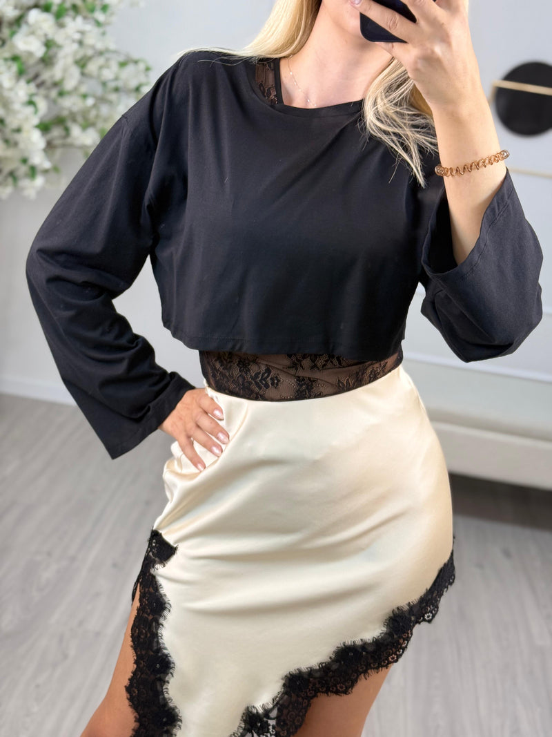 T-Shirt Elegante Donna Con Body Pizzo Nero