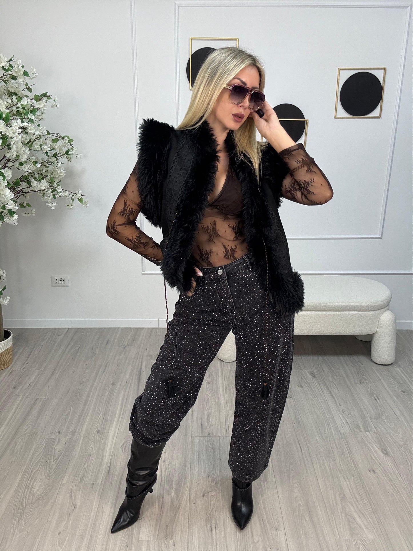 Jeans Nero Strass Tensione In