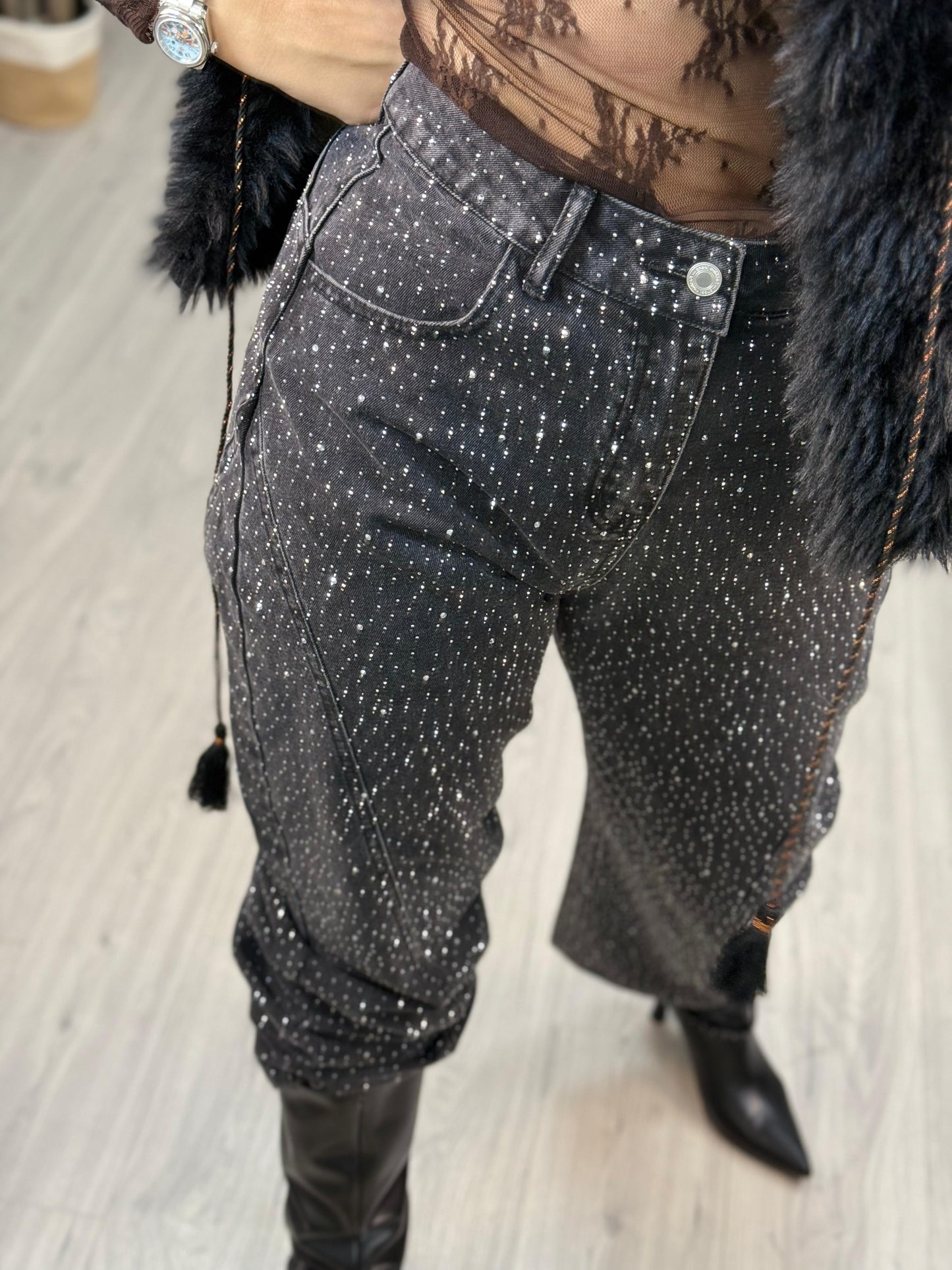 Jeans Nero Strass Tensione In