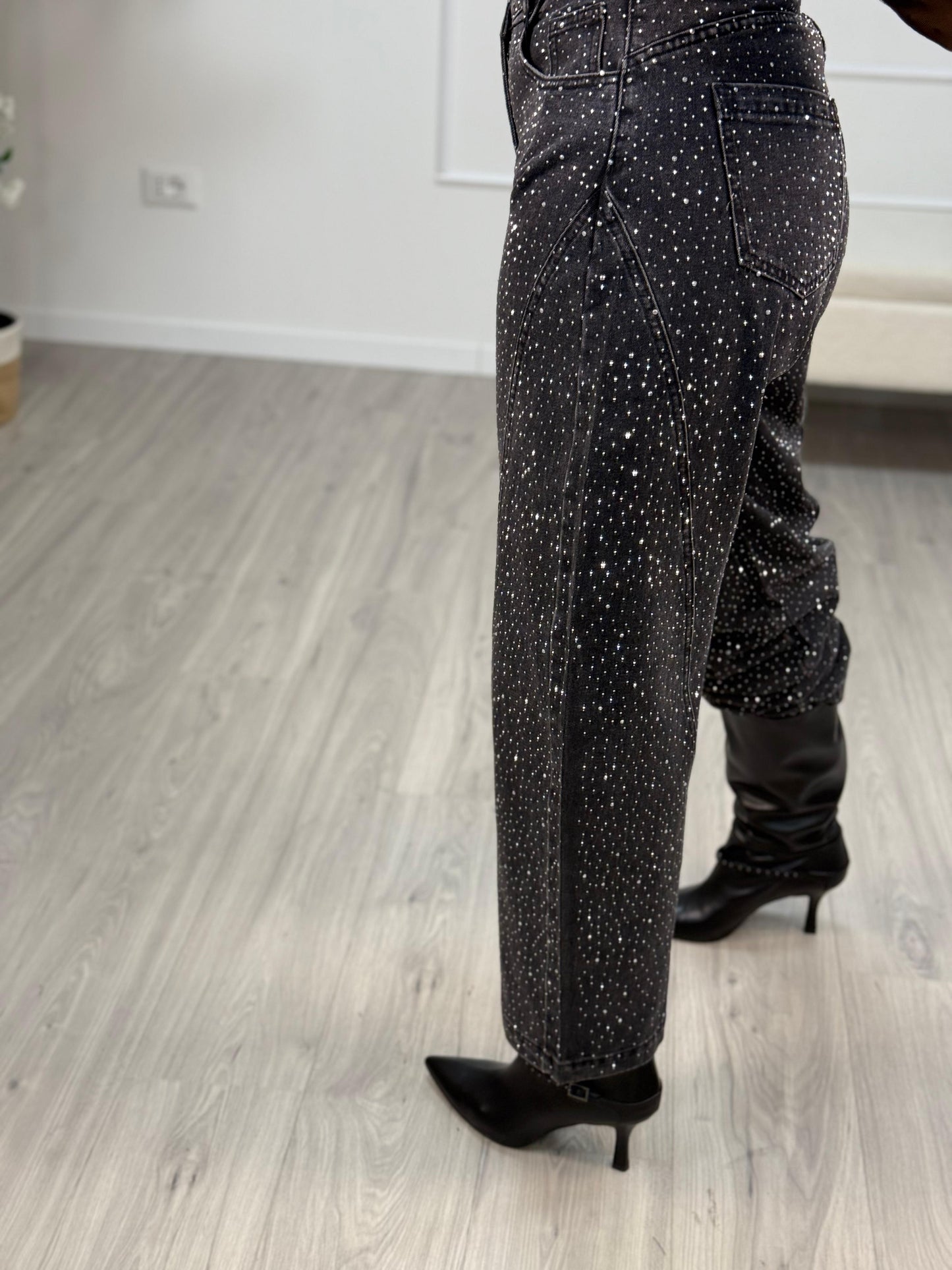 Jeans Nero Strass Tensione In