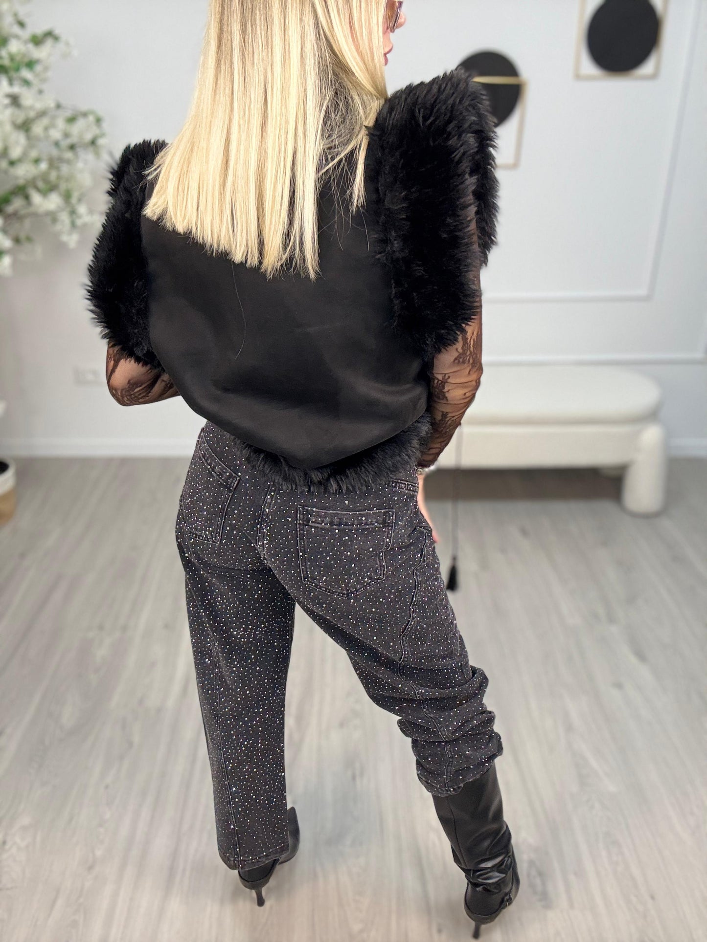 Jeans Nero Strass Tensione In